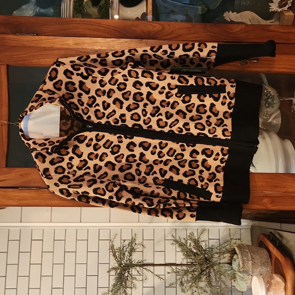 Rachael Zoe animal print brown, black tan zip front sweater top SM NWT